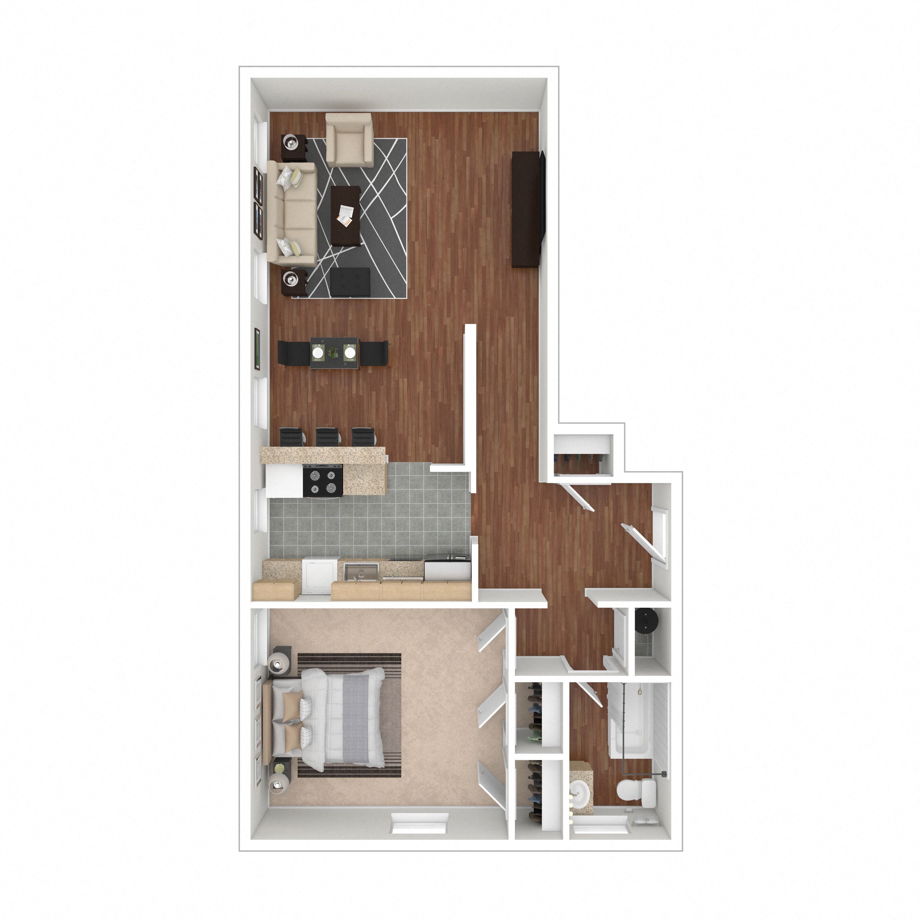 Floor plan for 1 bed, 1 bath, 700 sqft